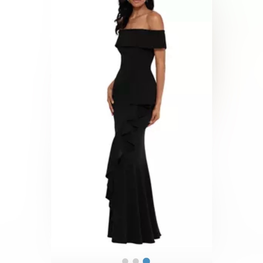 Betsy & Adam Off-Shoulder Black floor length gown